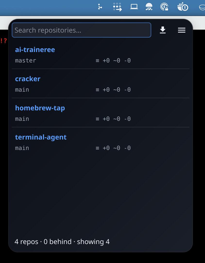 Git Repo Tracker popover showing a searchable list of local repositories and whether they are behind their remote branch.